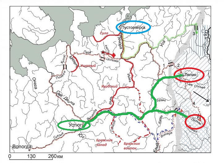 Рис. 4. Пустозерск и маршруты войск Ивана III.